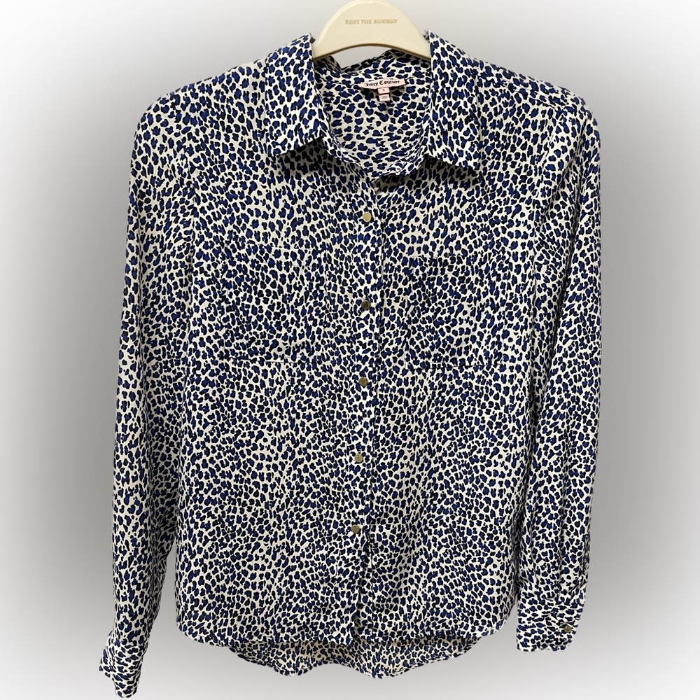 Juicy Couture Button Up Blue & White Cheetah Long Sleeve Blouse Top size Small